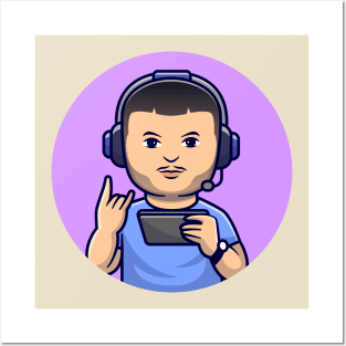 Cute Man Gamer Playing Game With Headphone Cartoon Posters and Art